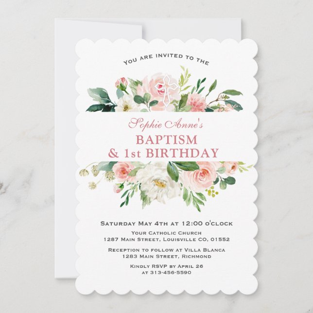 Invitación Primer cumpleaños del bautismo floral blanco rosad (Anverso)