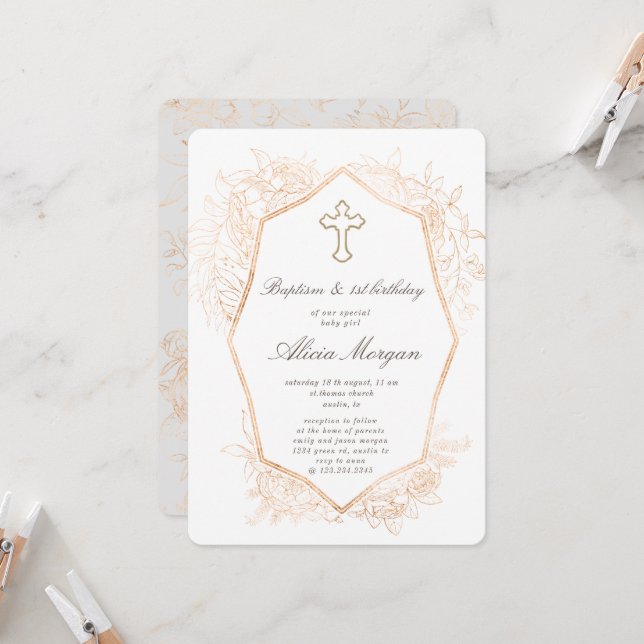 Invitación Primer cumpleaños del bautismo floral elegante de  (Anverso/Reverso In Situ)