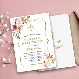 Invitación Primer cumpleaños del bautismo floral rosado de or