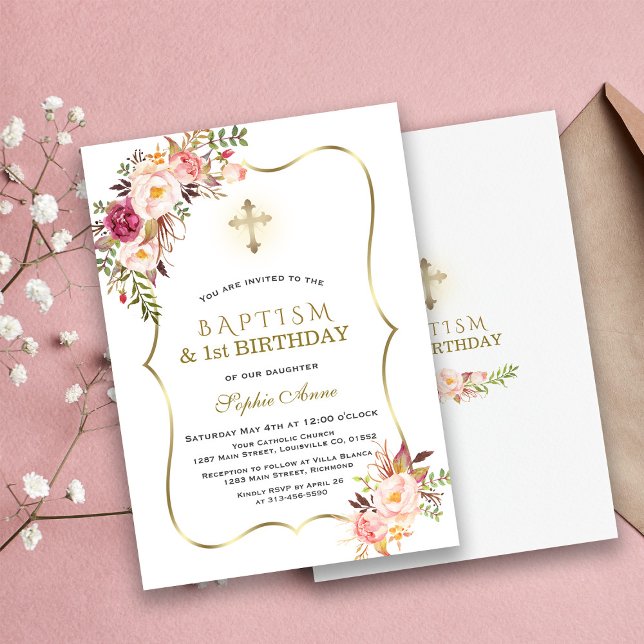 Invitación Primer cumpleaños del bautismo floral rosado de or (baptism 1st birthday invitation, gold pink floral baptism, trendy pink gold baptism invitation)
