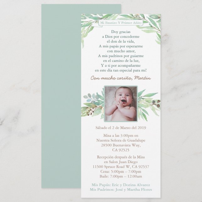 Invitación Primer cumpleaños del bautismo latino para niño, e (Anverso / Reverso)