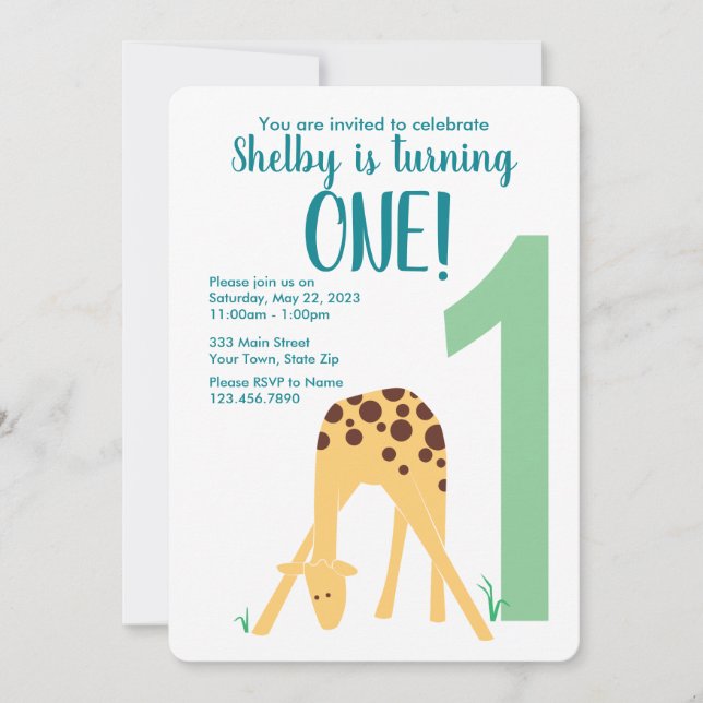 Invitación Primer cumpleaños del bebé amarillo moderno Giraff (Anverso)