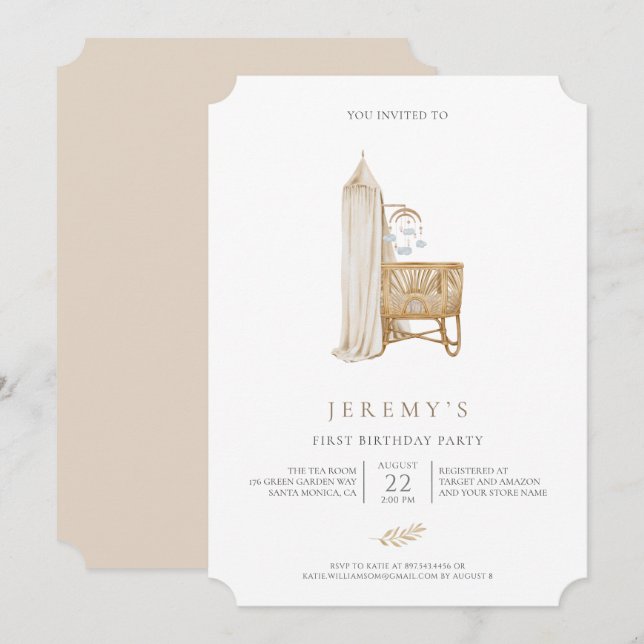 Invitación Primer cumpleaños del bebé de Boho neutral (Anverso / Reverso)