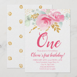 Invitación Primer cumpleaños del bebé floral rosado de Rubor