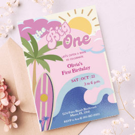 Invitación Primer cumpleaños del Big One Pink Retro Surfing