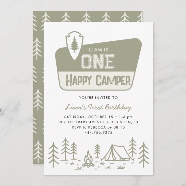Invitación Primer cumpleaños del bosque de Camper Feliz (Anverso / Reverso)