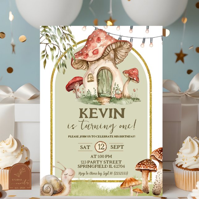Invitación Primer cumpleaños del bosque de caracoles y hongos (Subido por el creador)