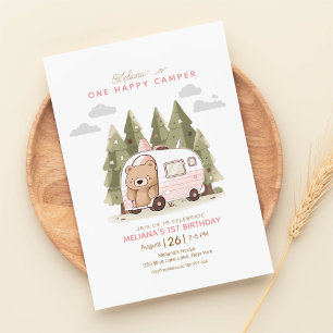 Invitación Primer cumpleaños del Camper Feliz de Pink One