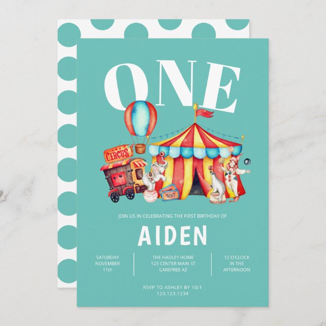 Invitación Primer cumpleaños del Carnaval Circo Grande Top Aq (Anverso / Reverso)