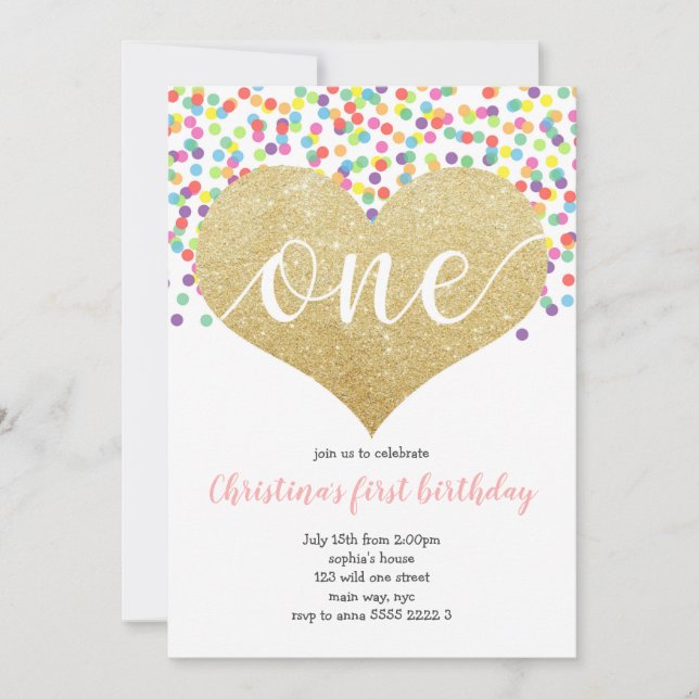 Invitación Primer cumpleaños del Chica Confetti Rainbow Heart (Anverso)