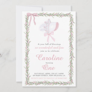 Invitación Primer cumpleaños del Chica de Bonnet Pink Preppy