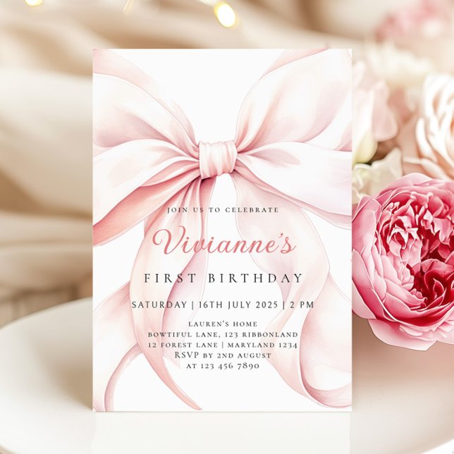 Invitación Primer cumpleaños del Chica de Bow Rosado (Subido por el creador)