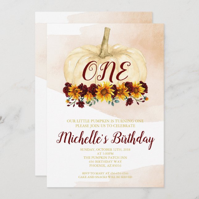 Invitación Primer cumpleaños del Chica de calabaza Sunflower  (Anverso / Reverso)