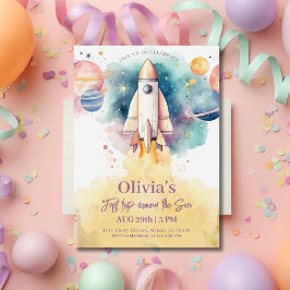 Invitación Primer cumpleaños del Chica de cohetes de planetas