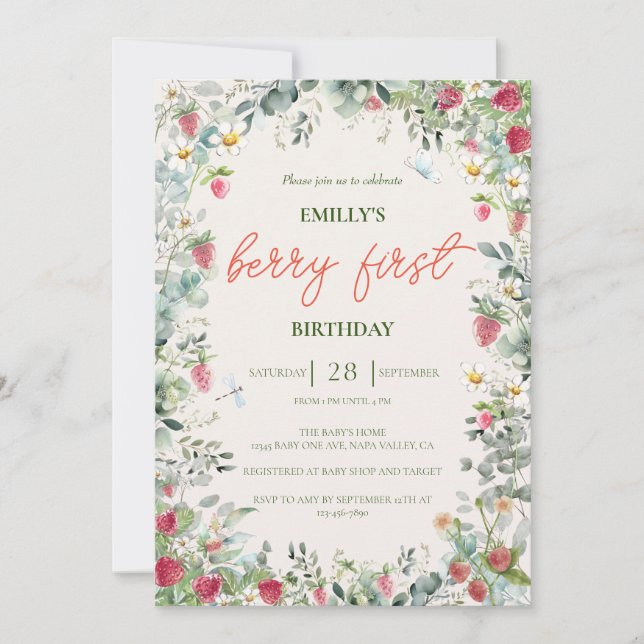 Invitación Primer cumpleaños del Chica de fresa Berry (Anverso)