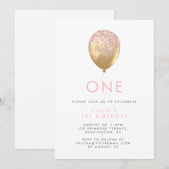 Invitación Primer cumpleaños del Chica de globos rosados y do (Anverso / Reverso)