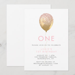 Invitación Primer cumpleaños del Chica de globos rosados y do