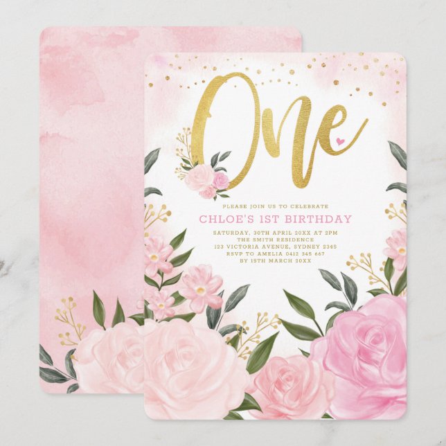 Invitación Primer cumpleaños del Chica de Rosas de oro rosado (Anverso / Reverso)