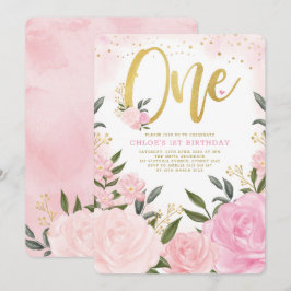 Invitación Primer cumpleaños del Chica de Rosas de oro rosado