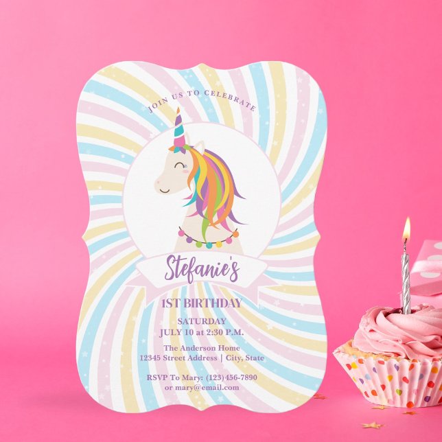 Invitación Primer cumpleaños del Chica de unicornio de arcoir (Subido por el creador)