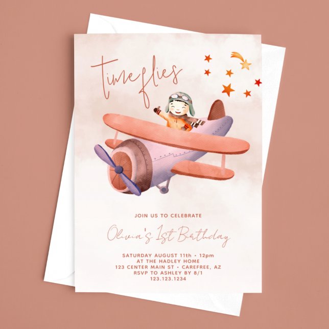 Invitación Primer cumpleaños del Chica del avión de Time Flie (Subido por el creador)