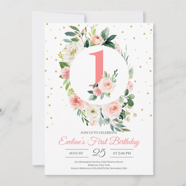 Invitación Primer cumpleaños del chica floral de boho persona (Anverso)