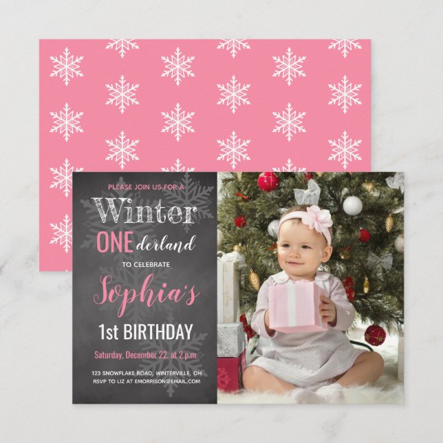 Invitación Primer cumpleaños del Chica fotográfico de Winter  (Anverso / Reverso)