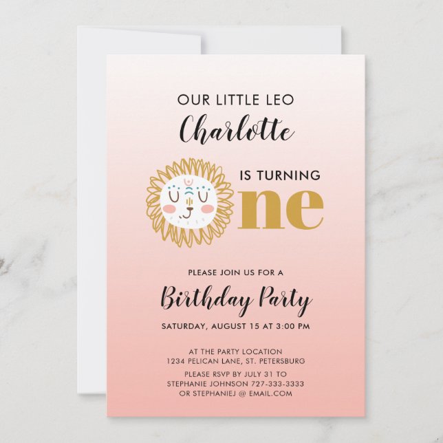 Invitación Primer cumpleaños del chica Leo Sun Rótulo (Anverso)