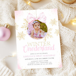 Invitación Primer cumpleaños del Chica Pink Bow Winter Oneder