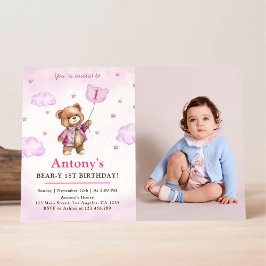Invitación Primer cumpleaños del chica Pink Teddy Bear Balloo