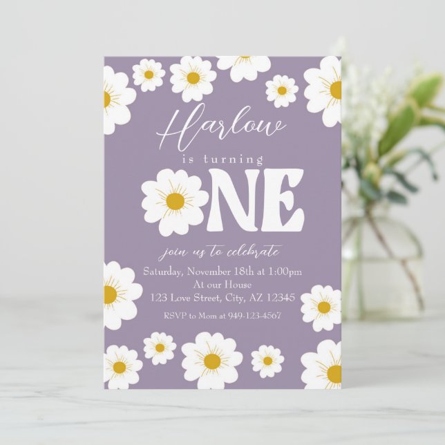 Invitación Primer cumpleaños del Chica Purple Boho Daisy One (Anverso de pie)