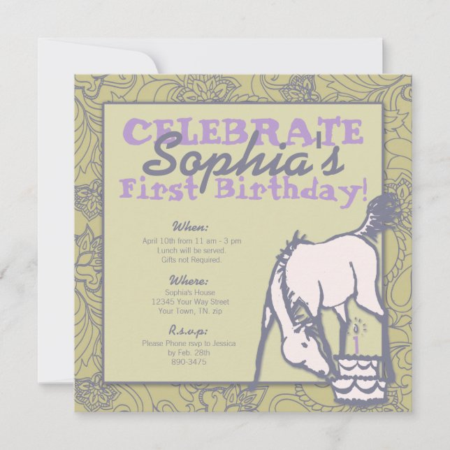 Invitación Primer cumpleaños del Chica Sage and Lavender Pony (Anverso)
