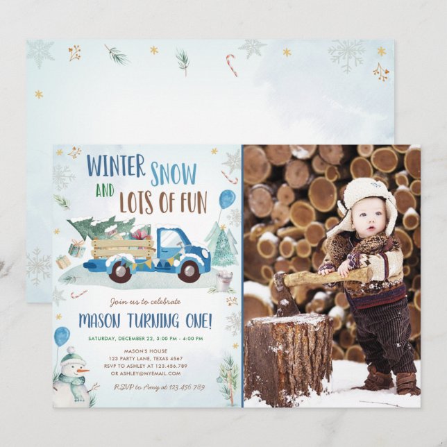 Invitación Primer cumpleaños del chico divertido de la nieve  (Anverso / Reverso)