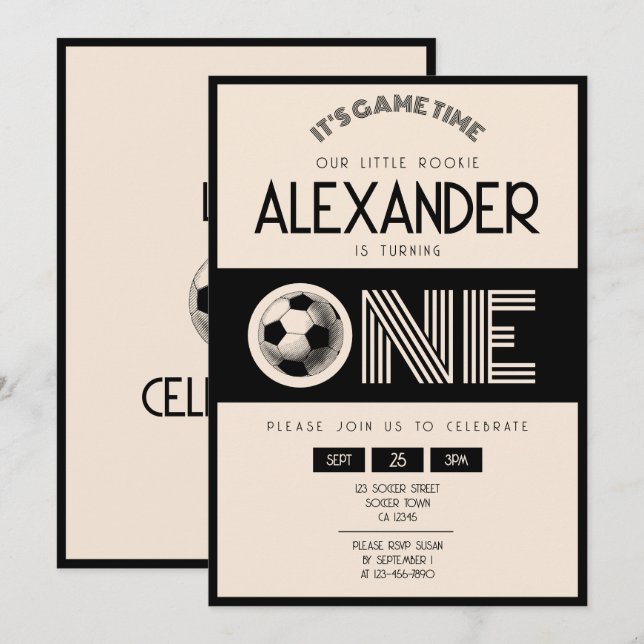 Invitación Primer cumpleaños del Clásico Retro Black Soccer (Anverso / Reverso)