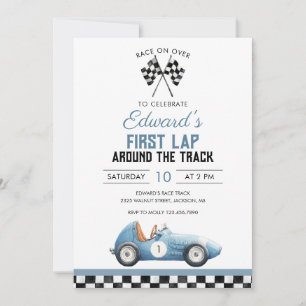 Invitación Primer Cumpleaños del Coche de Carreras Azul Prime