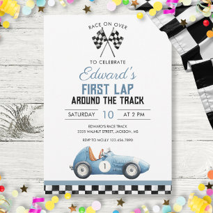 Invitación Primer Cumpleaños del Coche de Carreras Azul Prime