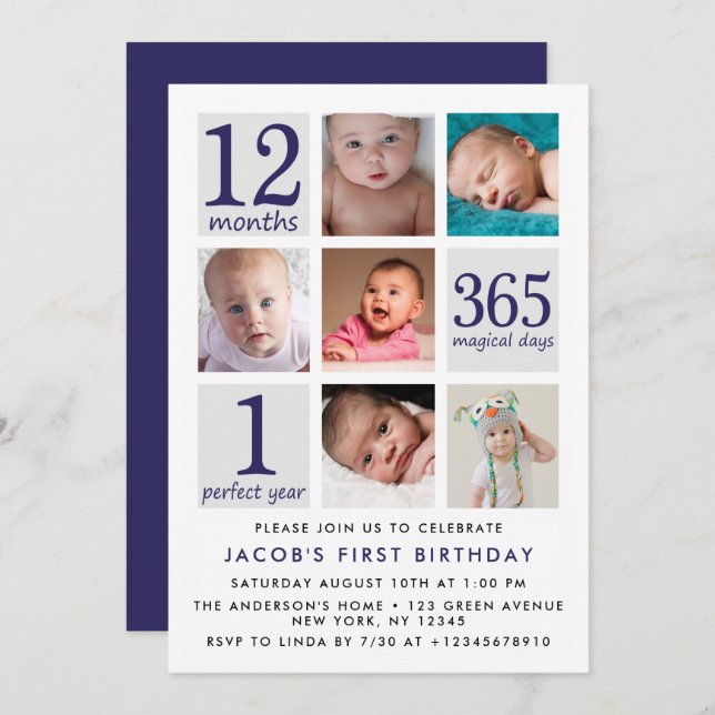 Invitación Primer cumpleaños del collage de fotos moderno de (Anverso / Reverso)