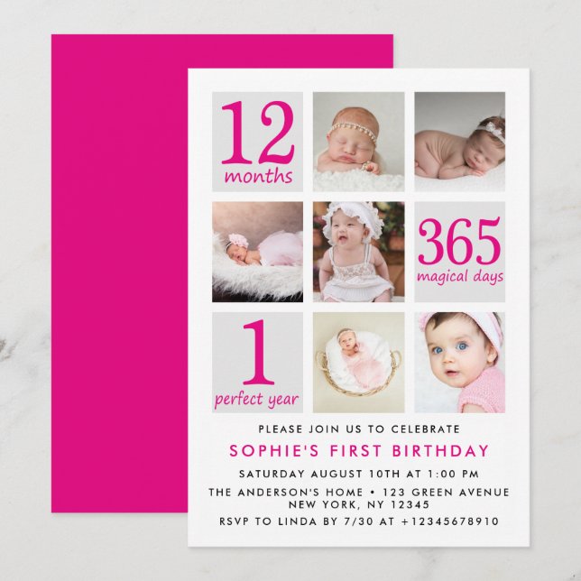 Invitación Primer cumpleaños del Collage de fotos rosa profun (Anverso / Reverso)