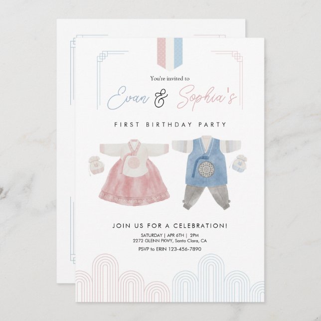 Invitación Primer cumpleaños del Doljanchi coreano Hanbok azu (Anverso / Reverso)