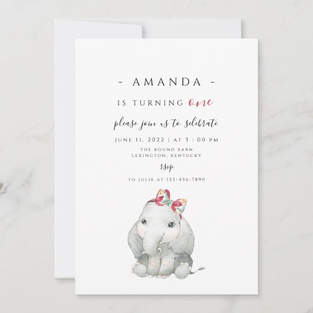 Invitación Primer cumpleaños del elefante Chica, el elefante  (Anverso)