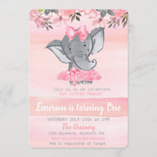 Invitación Primer cumpleaños del elefante rosado, chicas del