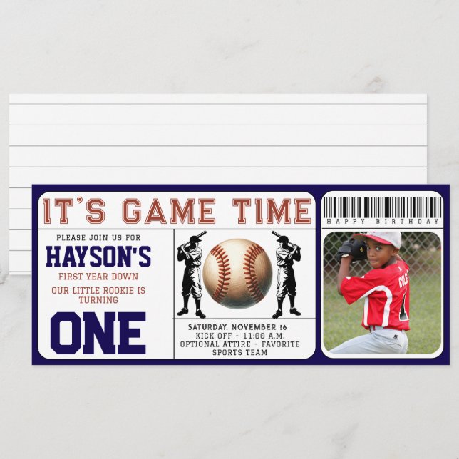 Invitación Primer cumpleaños del equipo de béisbol de fin de  (Anverso / Reverso)
