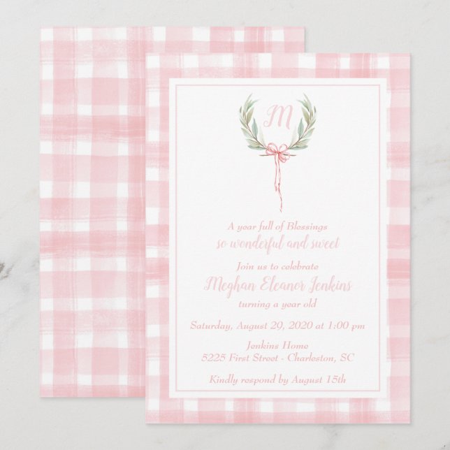Invitación Primer cumpleaños del Escudo Rosa Gingham Laurel (Anverso / Reverso)