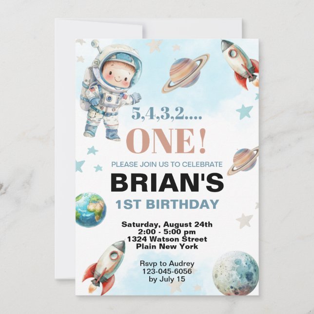 Invitación Primer cumpleaños del espacio ultraterrestre (Anverso)