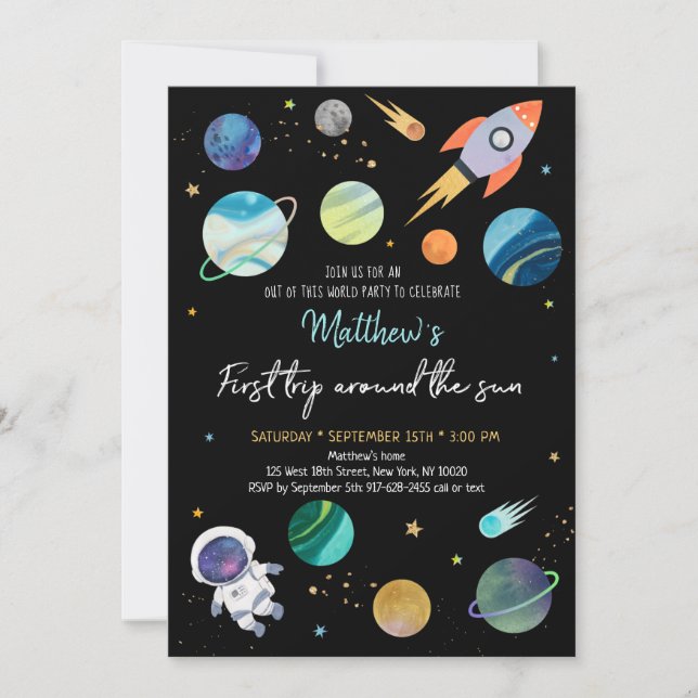 Invitación Primer cumpleaños del espacio ultraterrestre astro (Anverso)