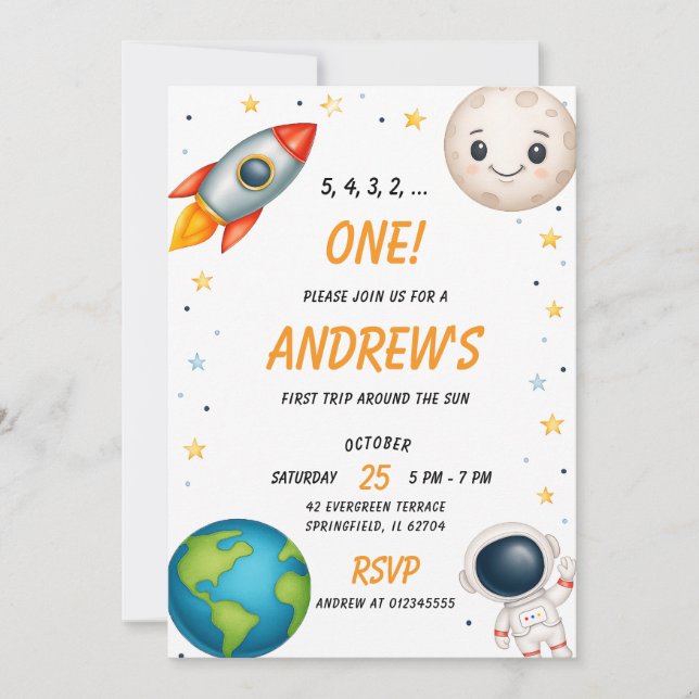 Invitación Primer cumpleaños del espacio ultraterrestre perso (Anverso)