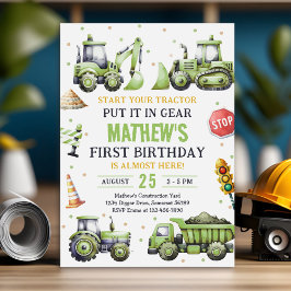 Invitación Primer cumpleaños del excavador de camiones de con