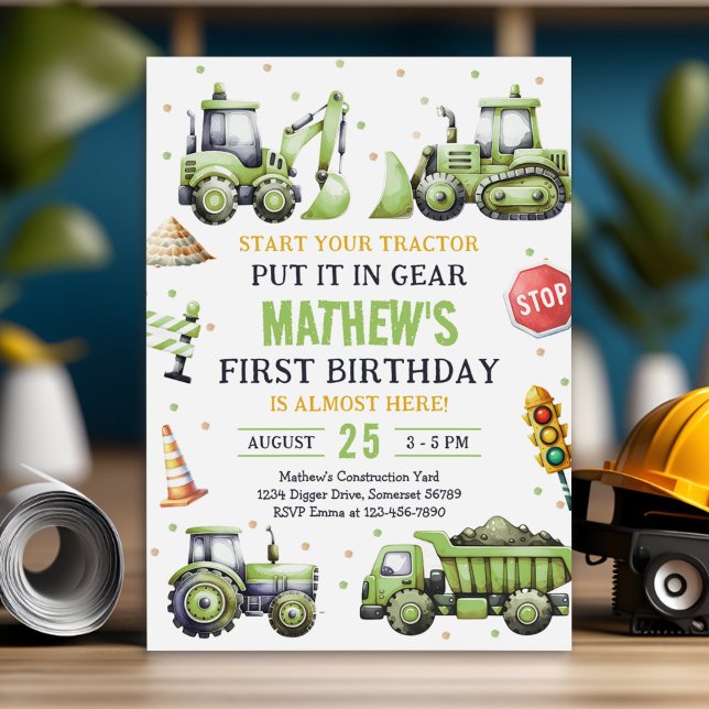 Invitación Primer cumpleaños del excavador de camiones de con (Subido por el creador)
