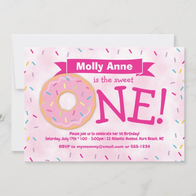 Invitación Primer cumpleaños del Fiesta Donut Rainbow Sprinkl (Anverso)