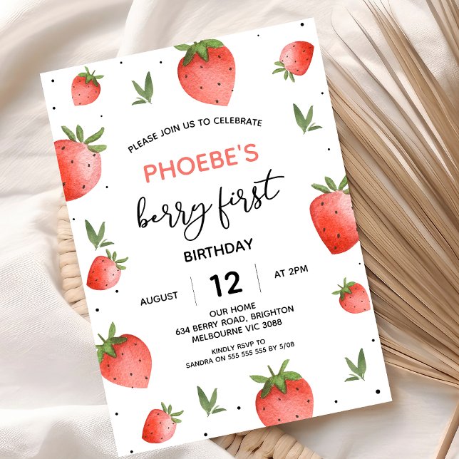 Invitación Primer cumpleaños del Foliage Berry de fresa roja (Girls Berry First Birthday Invitation, Modern Strawberry First Birthday Invitation, Summer Berries)